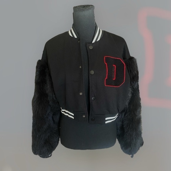 Faux Fur Sleeve Letterman Varsity Baseball Bomber Jacket Cropped Small Black - Picture 8 of 15